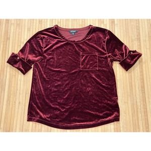 Lauren Ralph Lauren Woman’s Top Sz Small Burgundy Velvet Cuffed Sleeve Logo